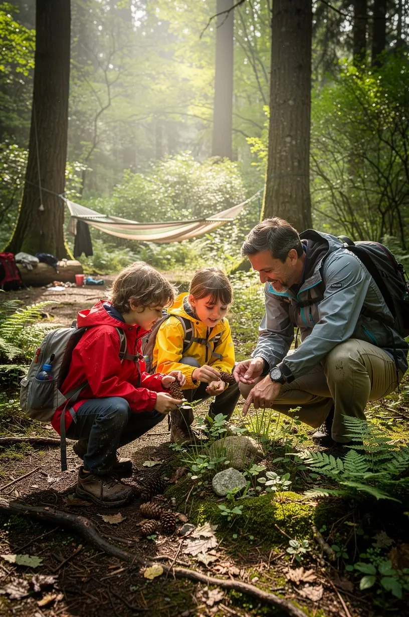 Teilnehmer sitzen im Kreis im Wald und nehmen an einer Achtsamkeitsübung unter Bäumen teil.