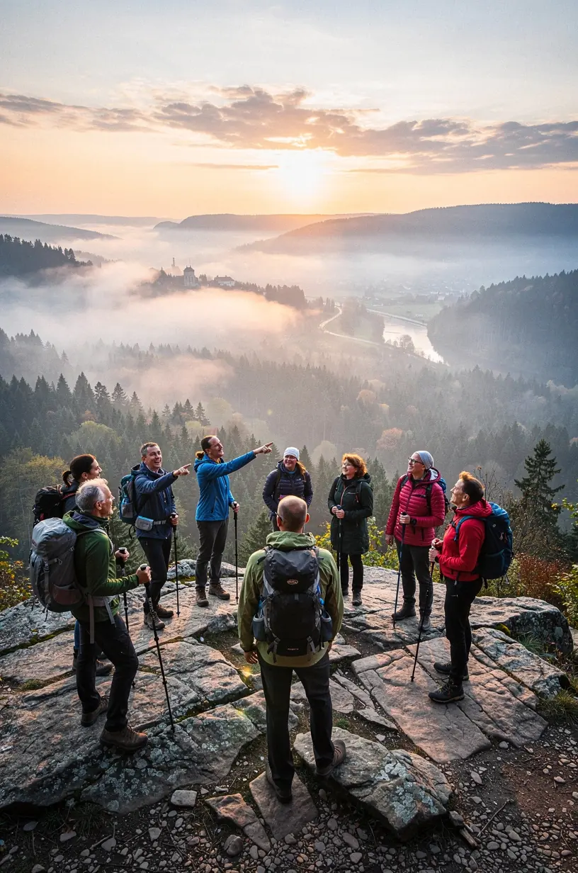 Sonnenstrahlen durchdringen das Blätterdach und erzeugen eine ruhige Atmosphäre für Waldbaden.